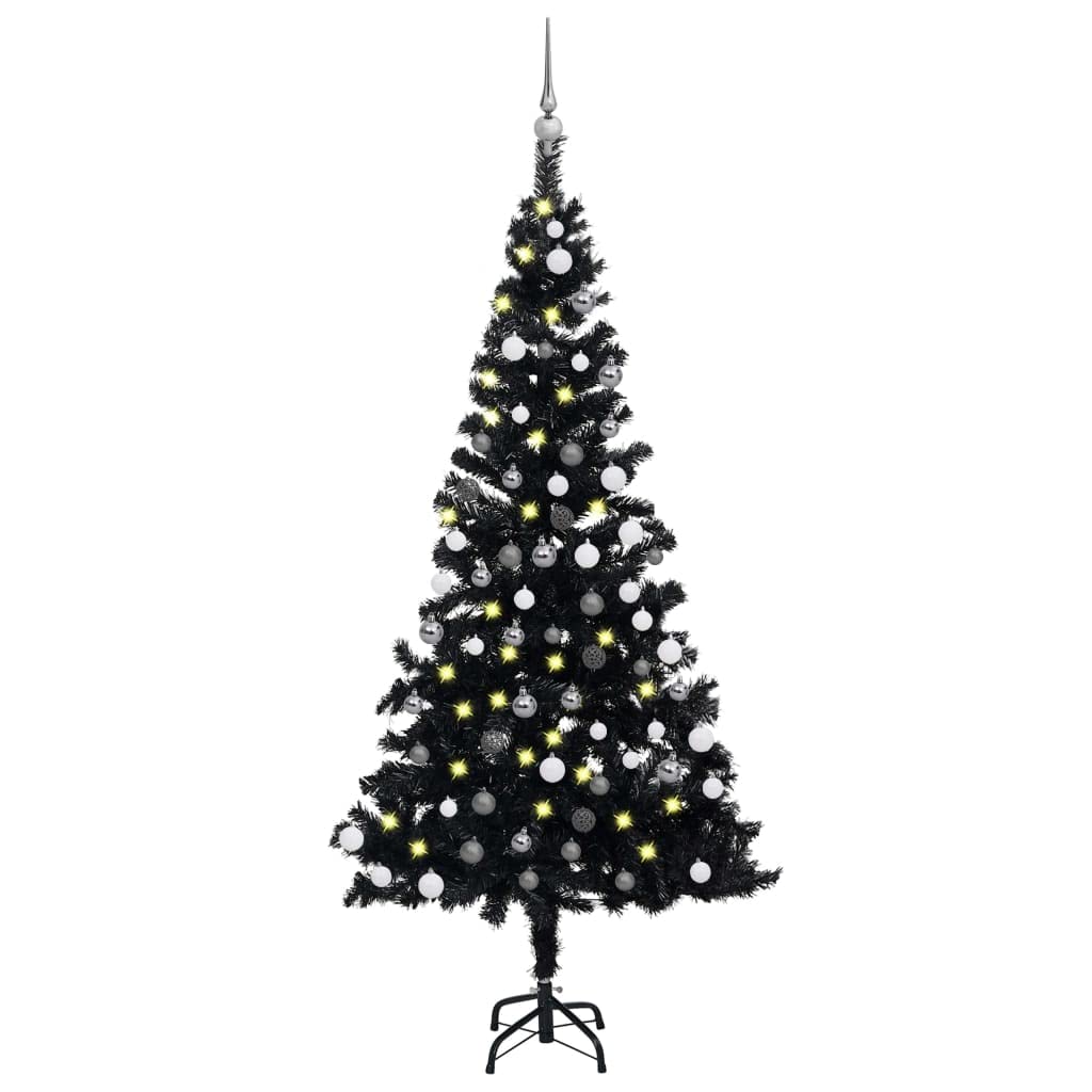 vidaXL Artificial Christmas Tree with LEDs&Ball Set Home Indoor Outdoor Holiday Decoration Christmas Ornament Xmas Tree 59.1" PVC Black